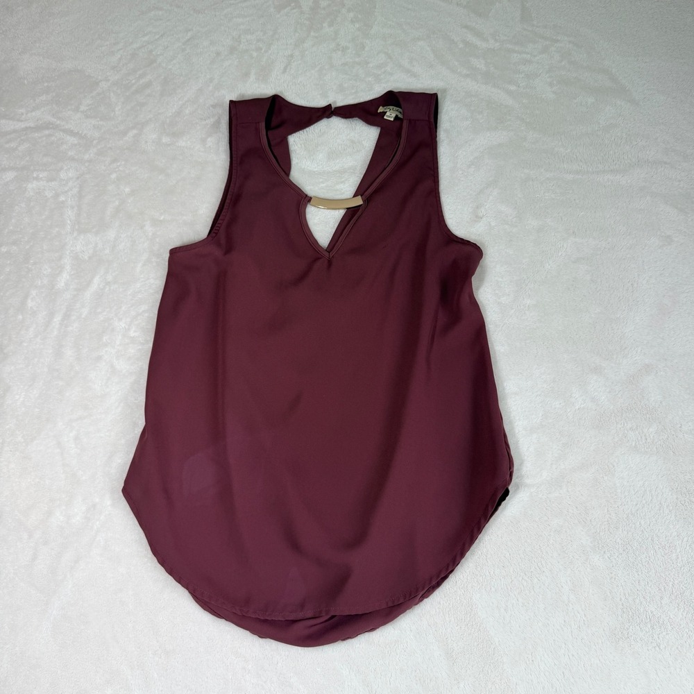 Lily White Cowl Back Blouse Womens M Burgundy Office Siren Keyhole Gold Bar